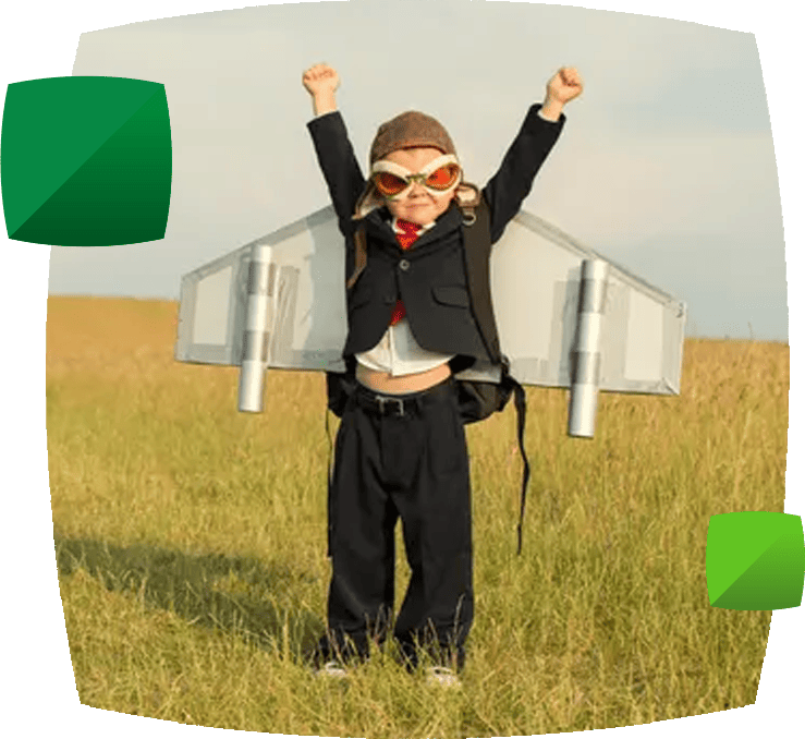 Child playing as a rocket in a field